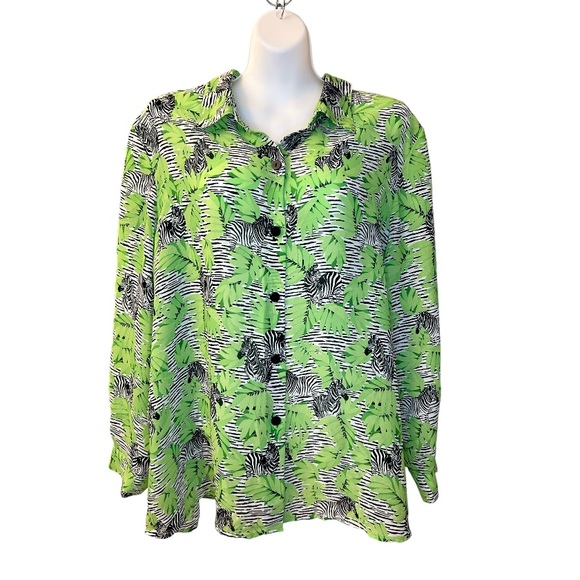 Vintage Tops Vintage Womens Green Sheer Zebraleaf Print Button Down
